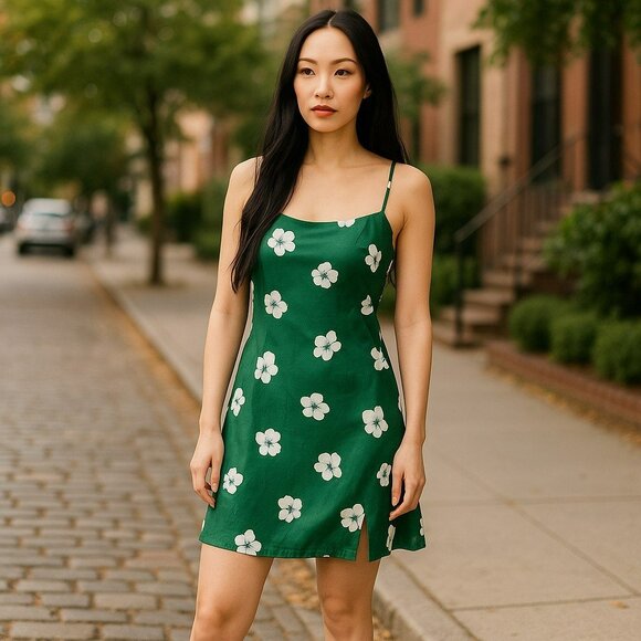 Princess Polly 4 Green Floral Satin Strappy Slip Mini Dress Side Slit Pre-owned - Picture 1 of 8